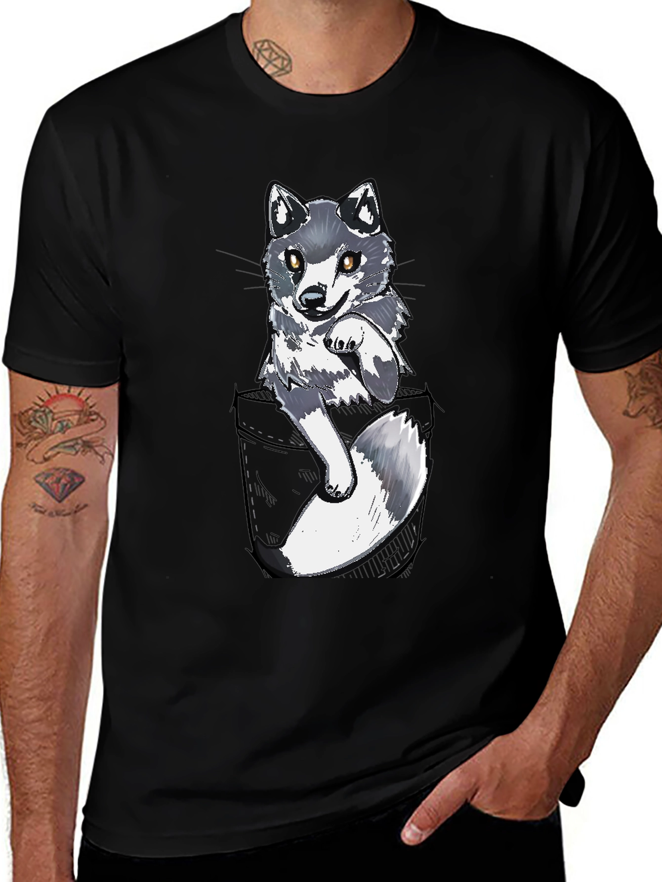 Cool Pocket Wolf Graphic Tee - Casual Black T-Shirt