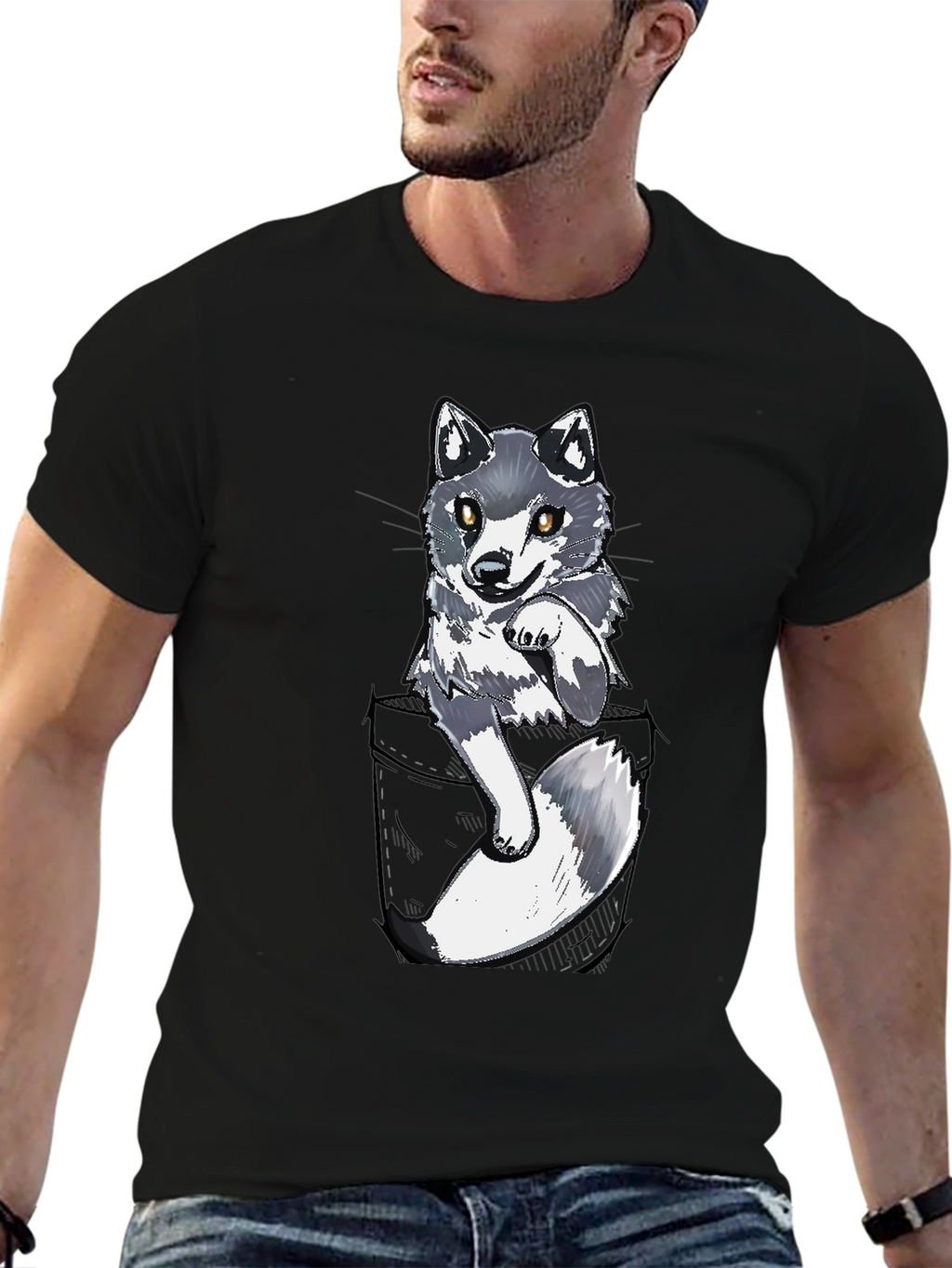 Cool Pocket Wolf Graphic Tee - Casual Black T-Shirt