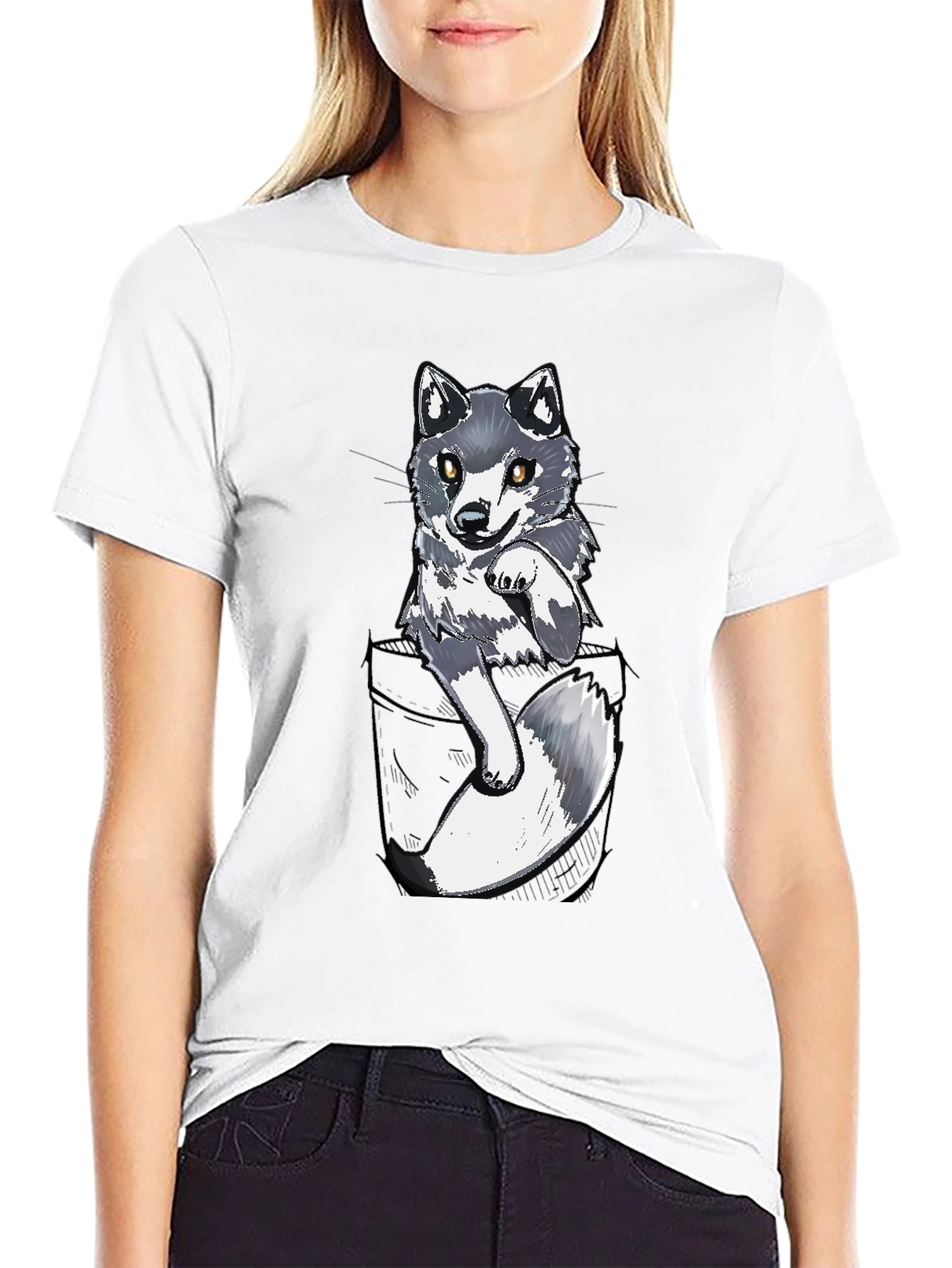 Cool Pocket Wolf Graphic Tee - Casual Black T-Shirt