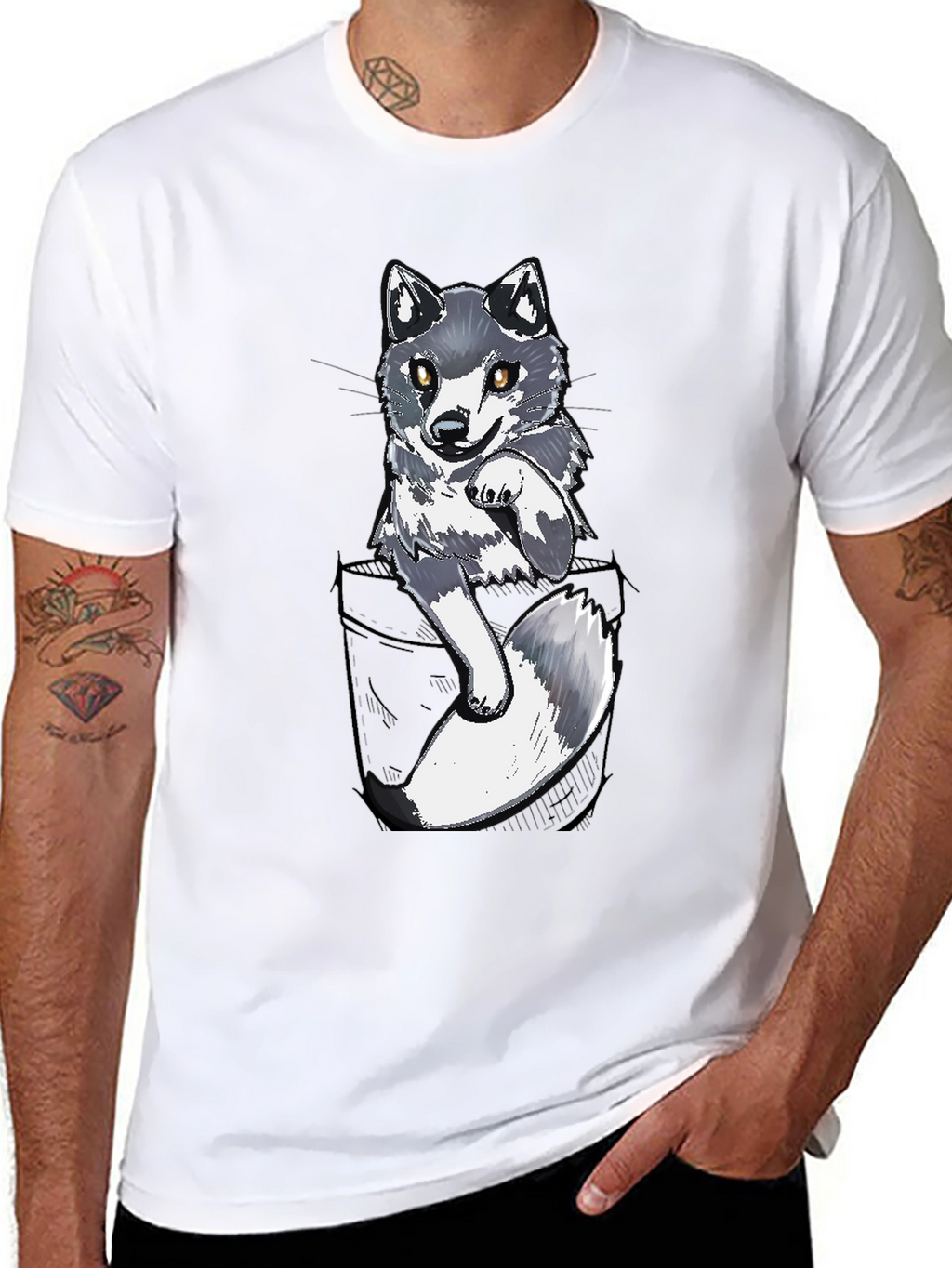 Cool Pocket Wolf Graphic Tee - Casual Black T-Shirt