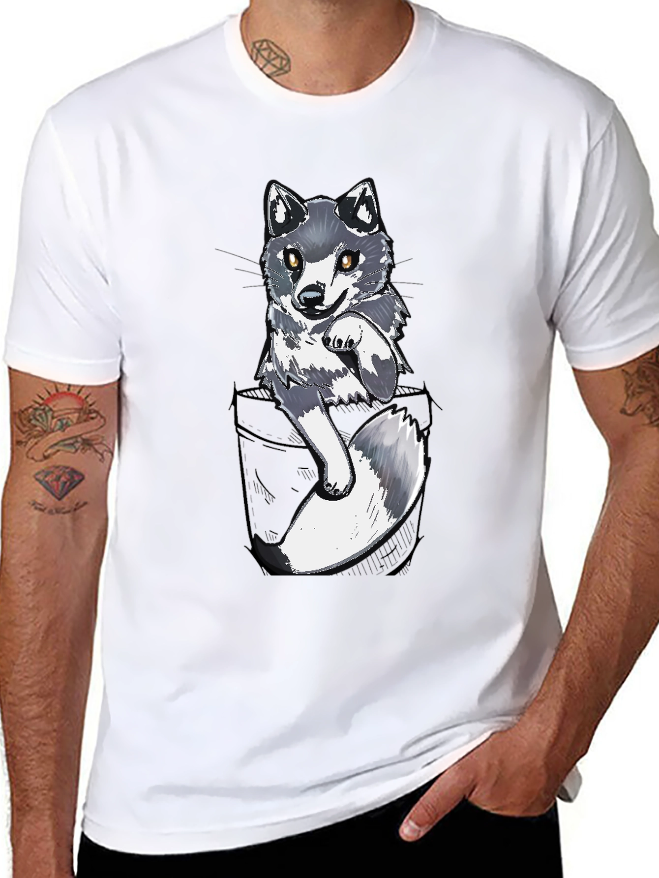 Cool Pocket Wolf Graphic Tee - Casual Black T-Shirt