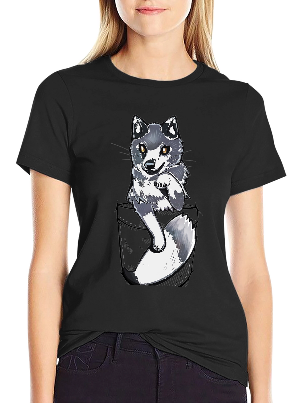 Cool Pocket Wolf Graphic Tee - Casual Black T-Shirt