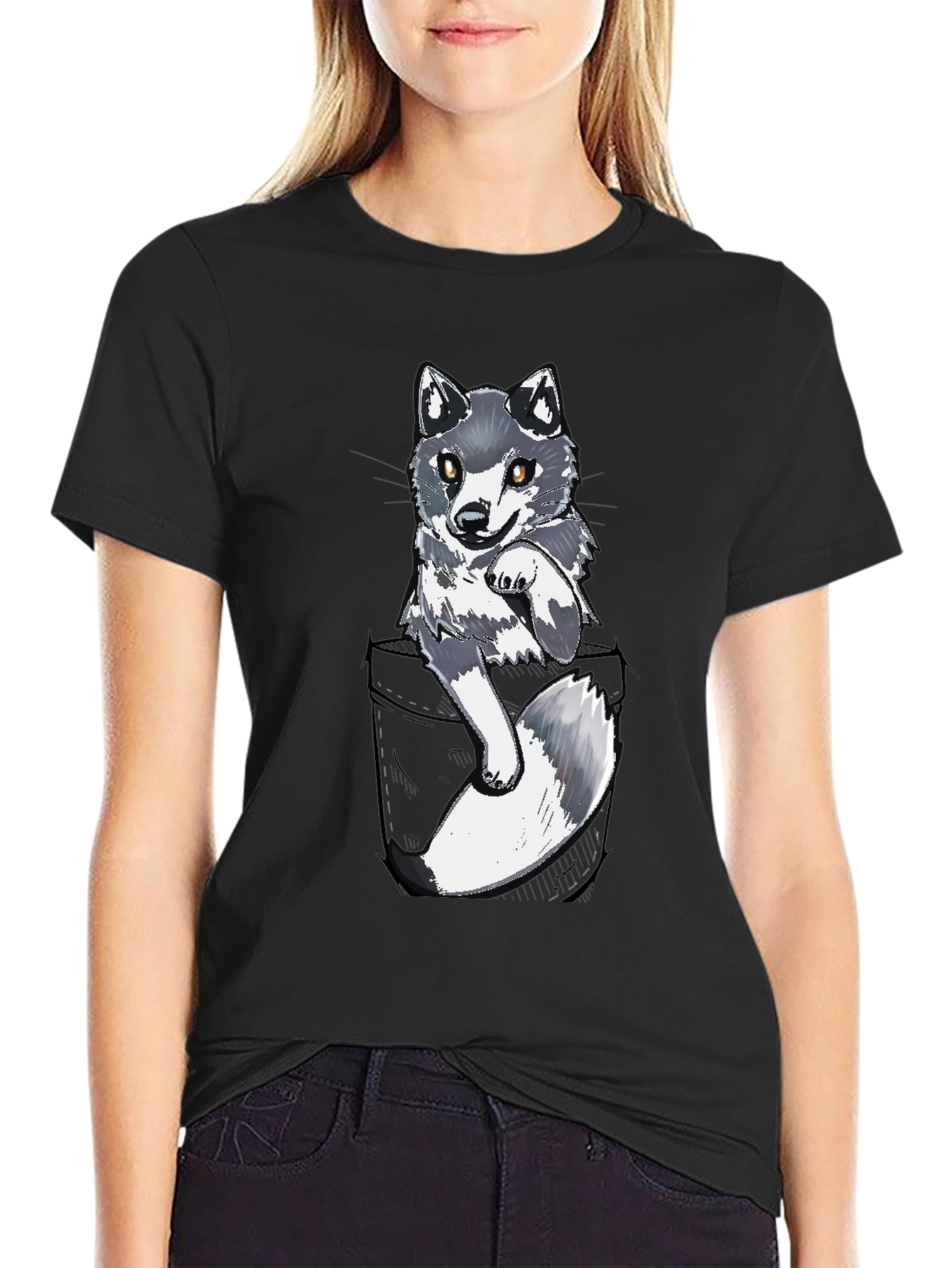 Cool Pocket Wolf Graphic Tee - Casual Black T-Shirt