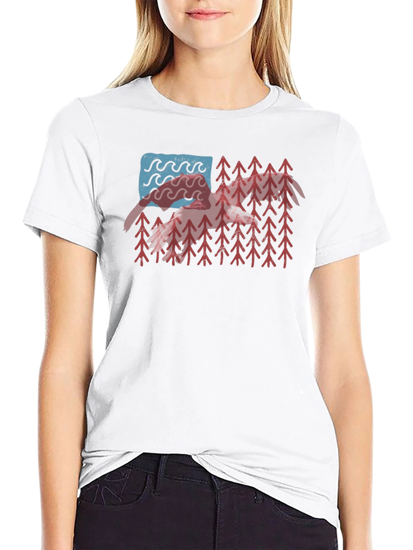 USA Flag Mountain & Wave Graphic Black T-Shirt