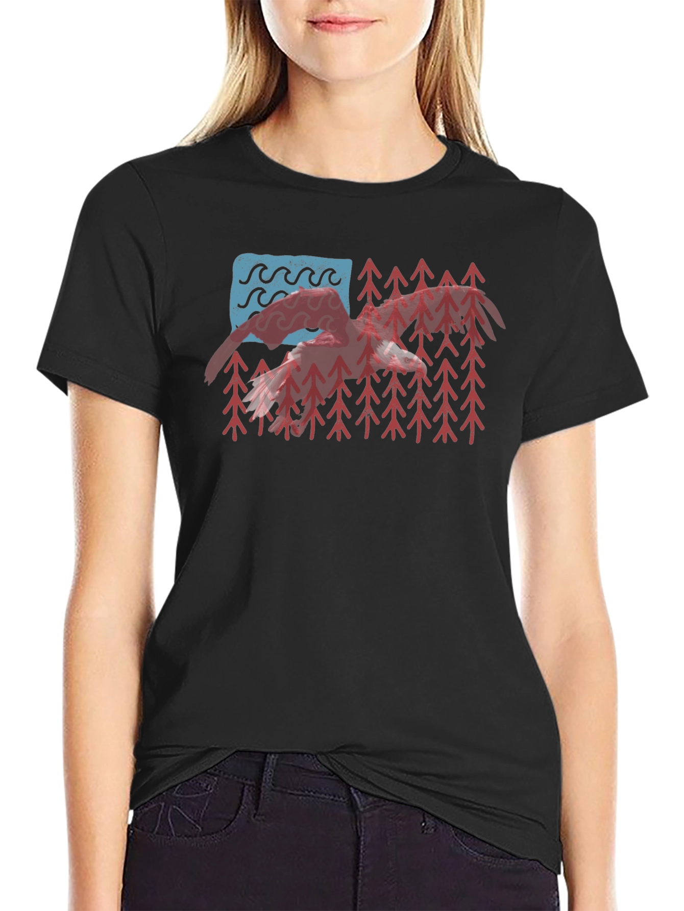 USA Flag Mountain & Wave Graphic Black T-Shirt