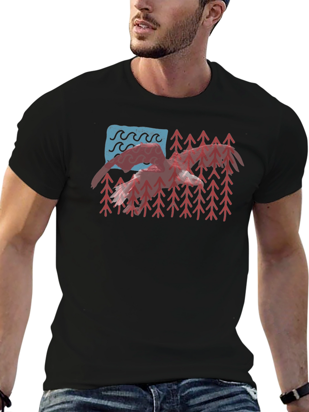 USA Flag Mountain & Wave Graphic Black T-Shirt