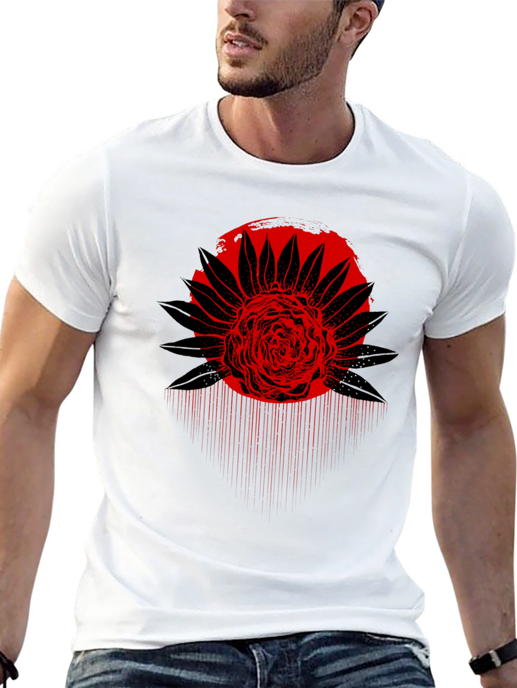 Red Floral Graphic Black T-Shirt