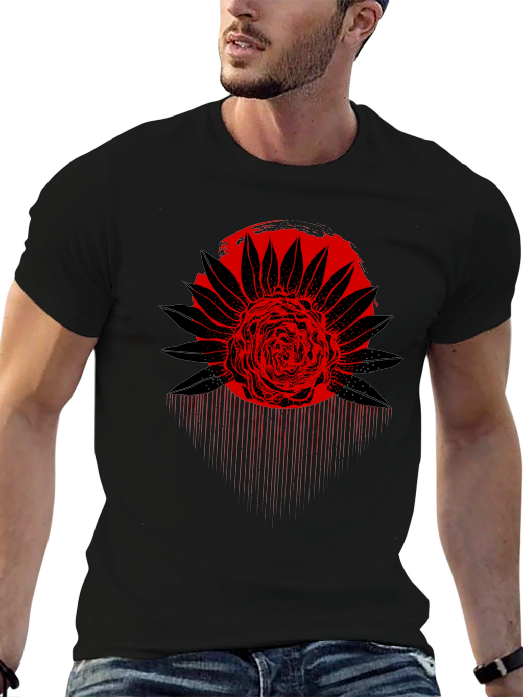 Red Floral Graphic Black T-Shirt