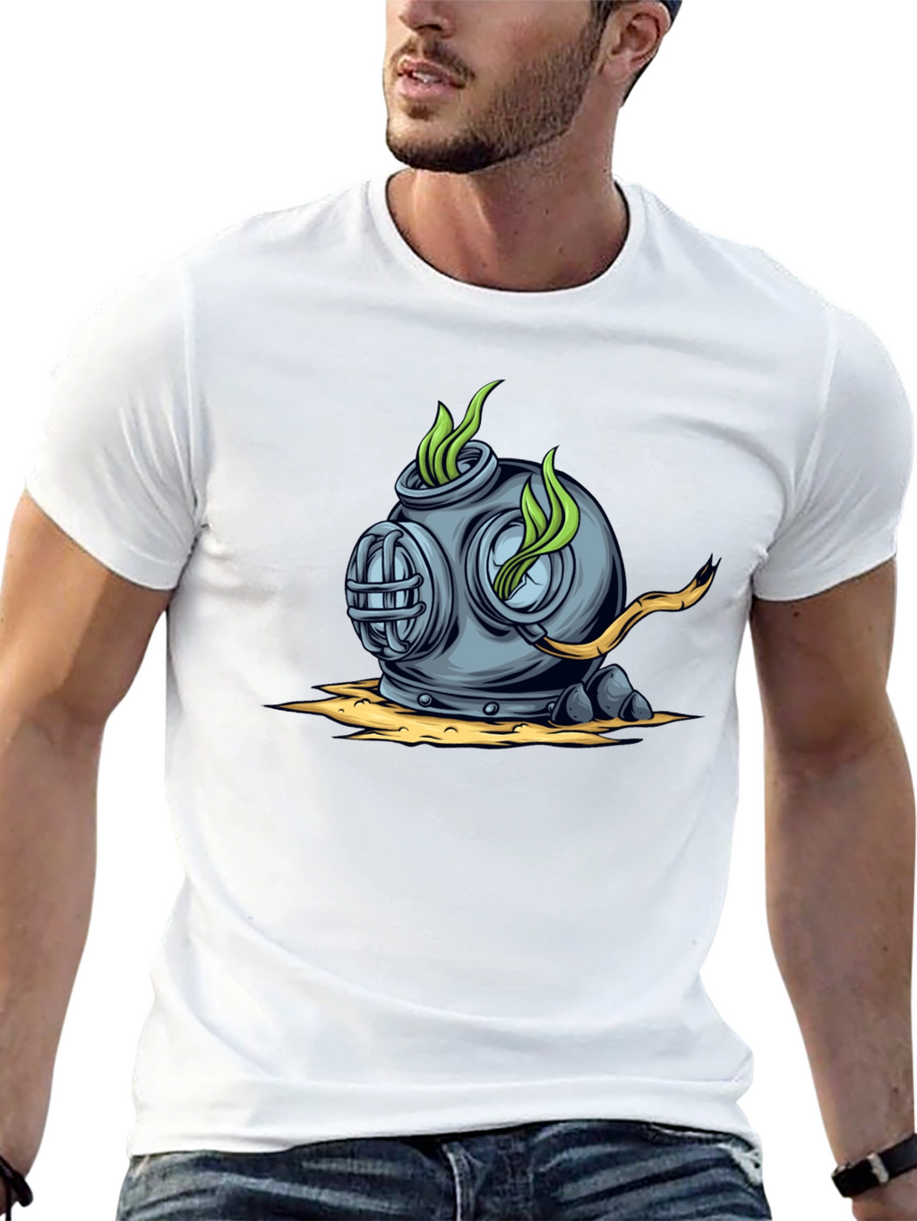 Retro Diver Helmet Graphic Tee - Black Cotton T-Shirt