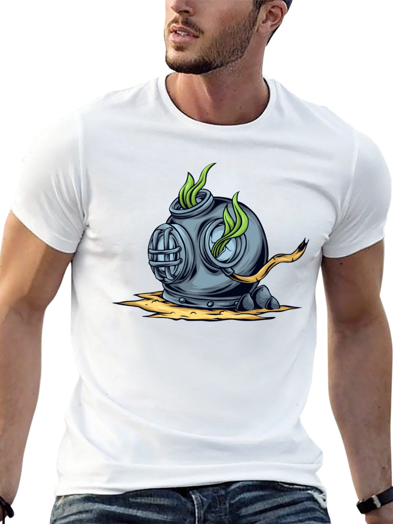 Retro Diver Helmet Graphic Tee - Black Cotton T-Shirt