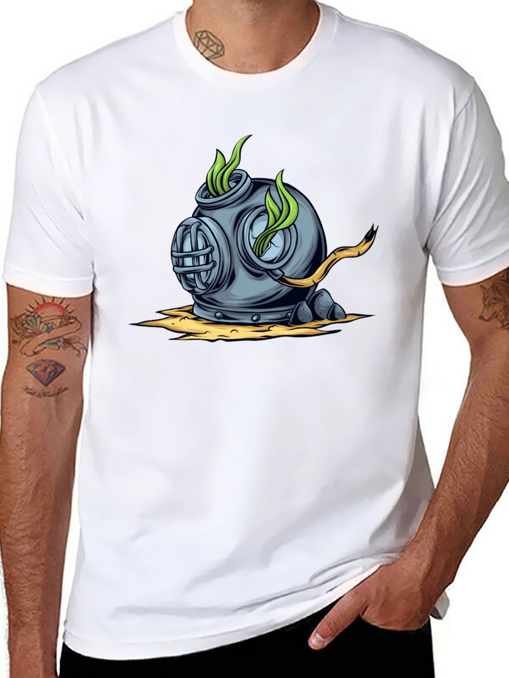 Retro Diver Helmet Graphic Tee - Black Cotton T-Shirt
