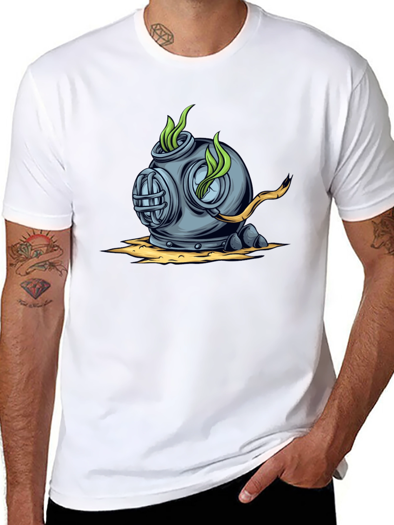 Retro Diver Helmet Graphic Tee - Black Cotton T-Shirt