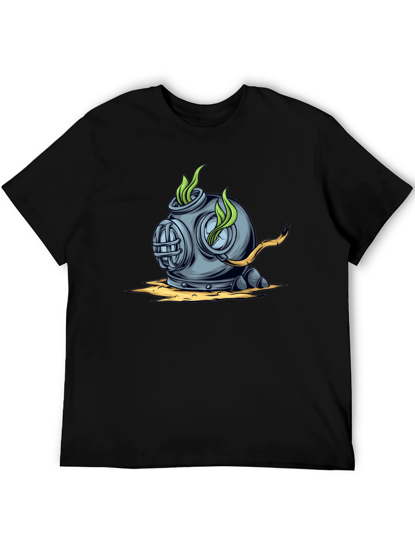 Retro Diver Helmet Graphic Tee - Black Cotton T-Shirt