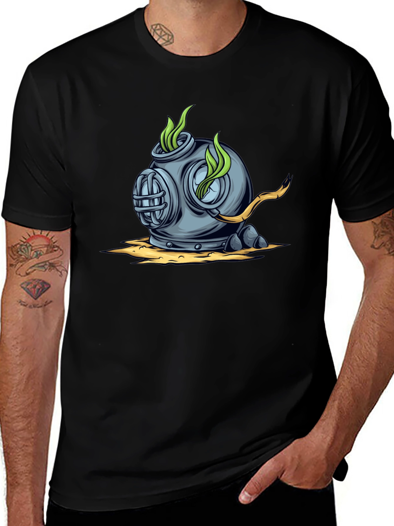 Retro Diver Helmet Graphic Tee - Black Cotton T-Shirt