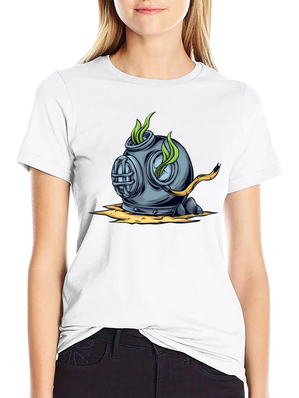 Retro Diver Helmet Graphic Tee - Black Cotton T-Shirt
