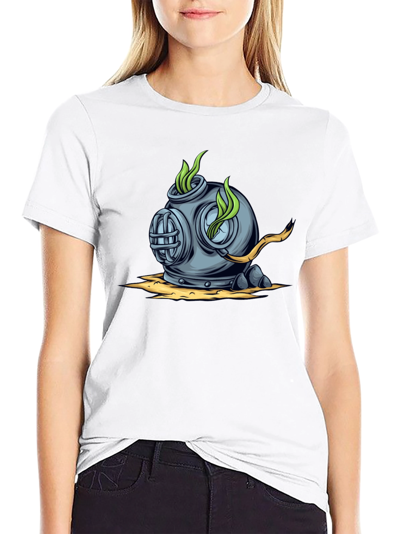Retro Diver Helmet Graphic Tee - Black Cotton T-Shirt