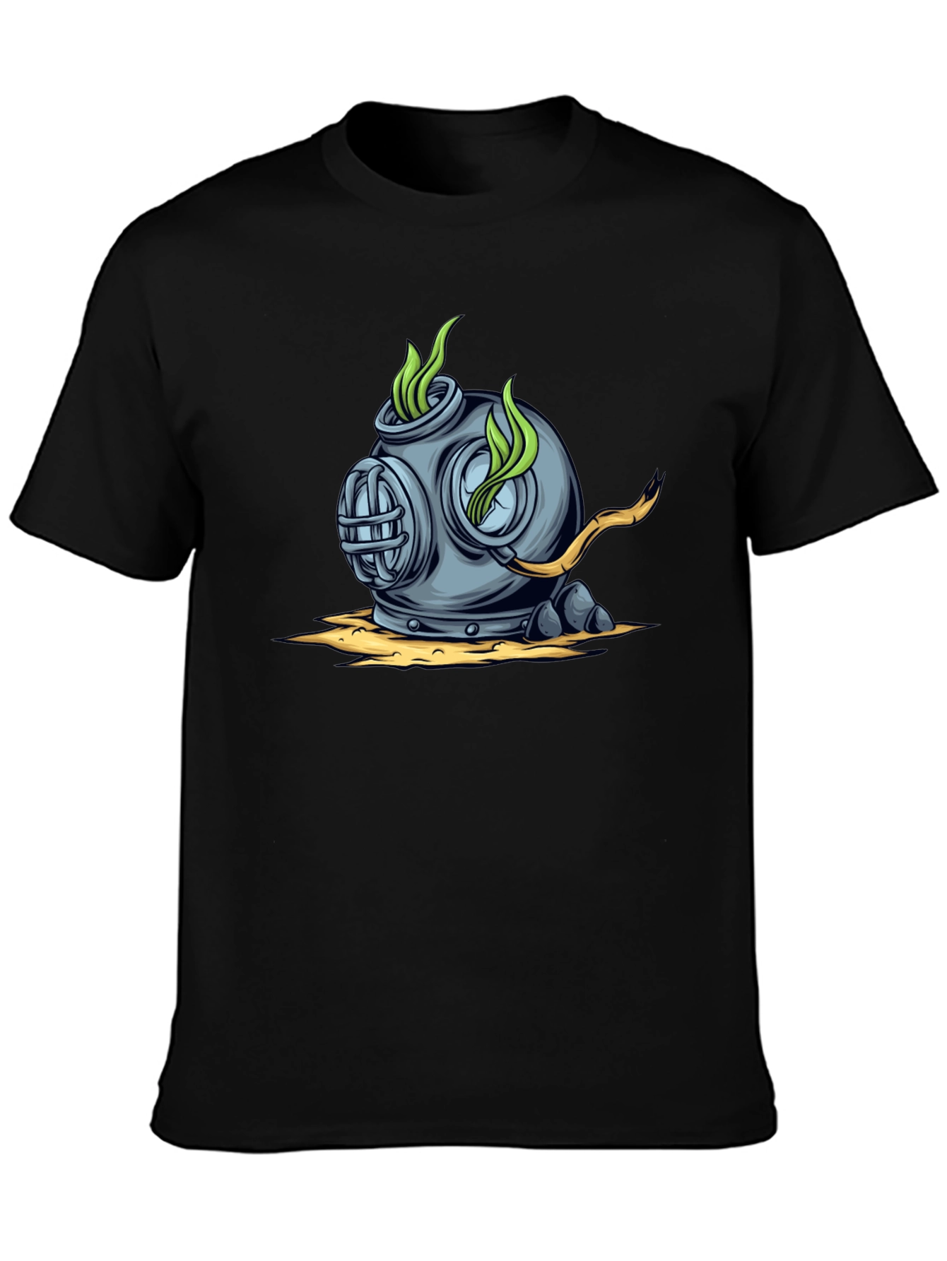 Retro Diver Helmet Graphic Tee - Black Cotton T-Shirt