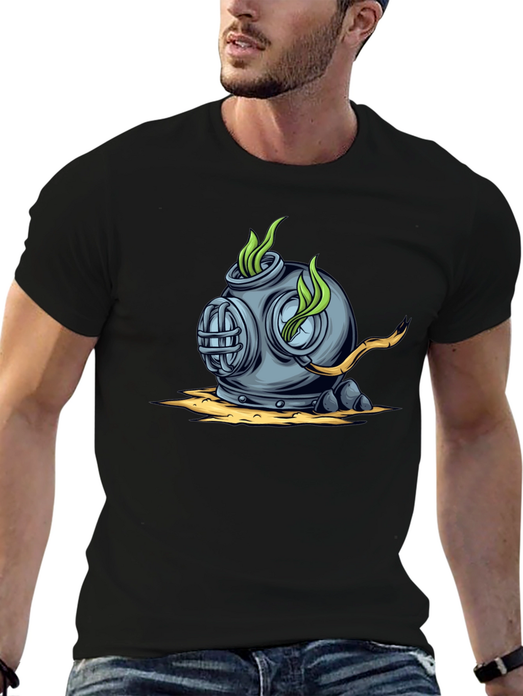 Retro Diver Helmet Graphic Tee - Black Cotton T-Shirt