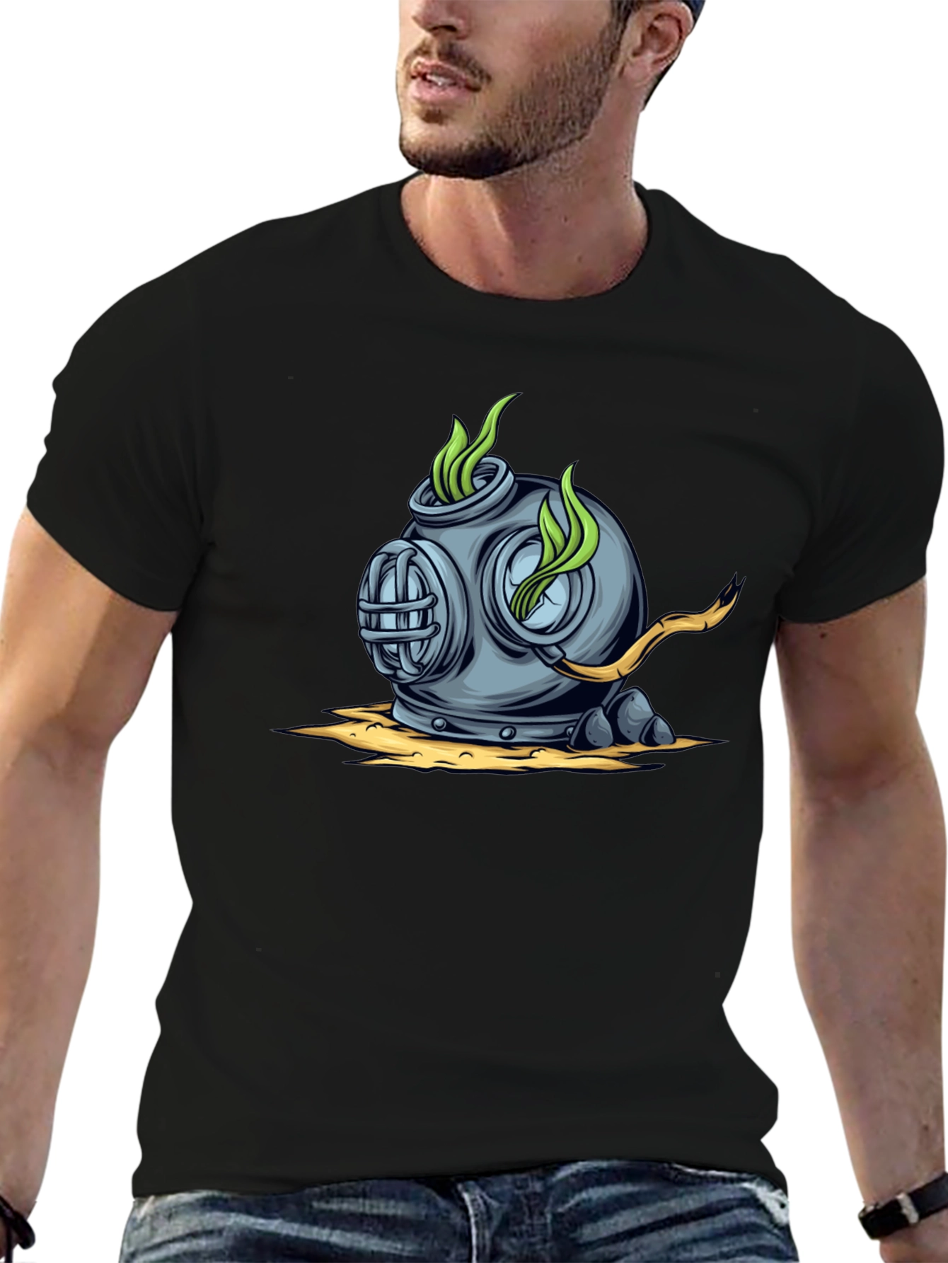 Retro Diver Helmet Graphic Tee - Black Cotton T-Shirt