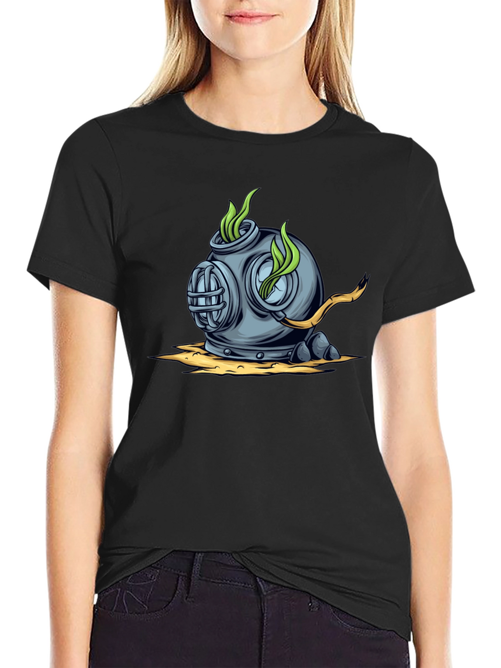 Retro Diver Helmet Graphic Tee - Black Cotton T-Shirt