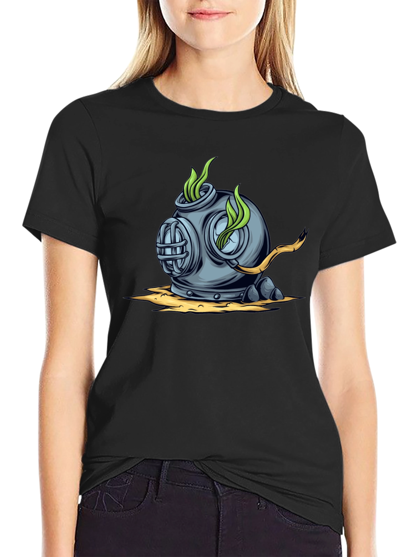 Retro Diver Helmet Graphic Tee - Black Cotton T-Shirt