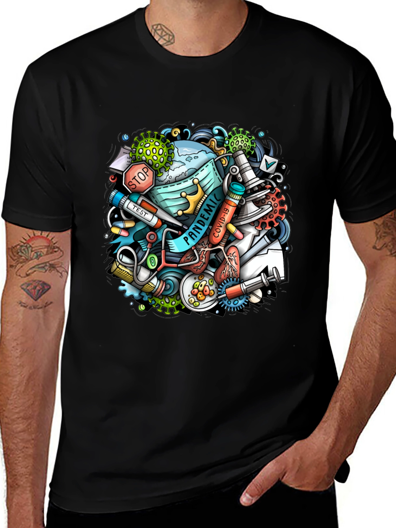 Pandemic Cartoon Graphic Black T-Shirt