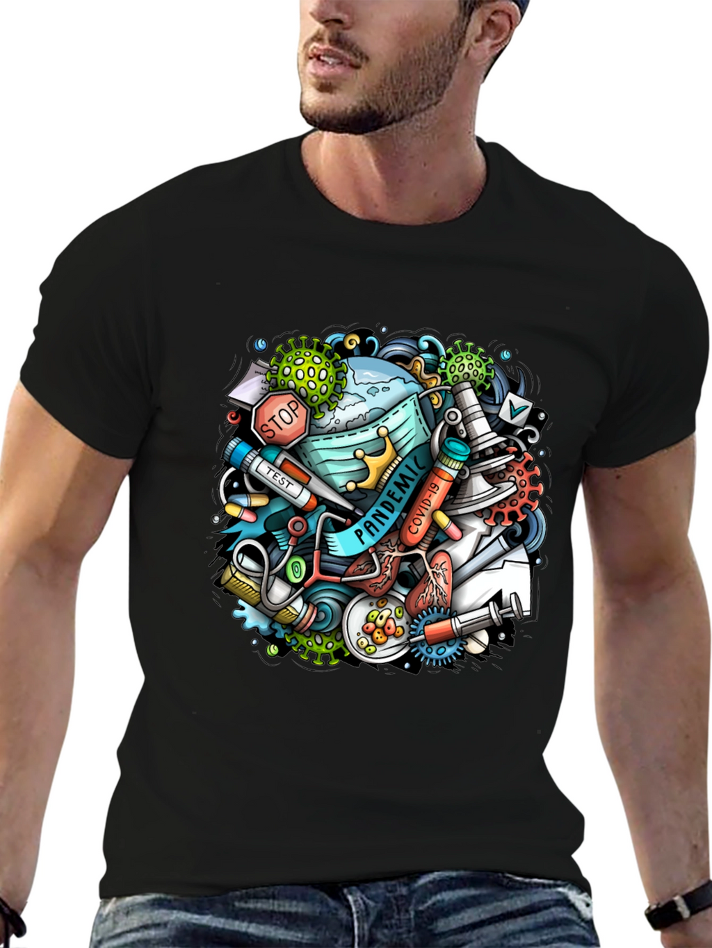 Pandemic Cartoon Graphic Black T-Shirt