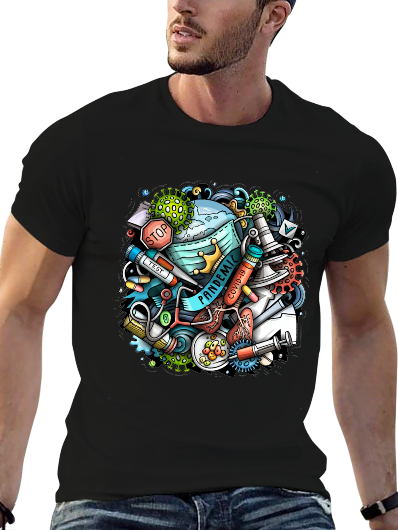 Pandemic Cartoon Graphic Black T-Shirt