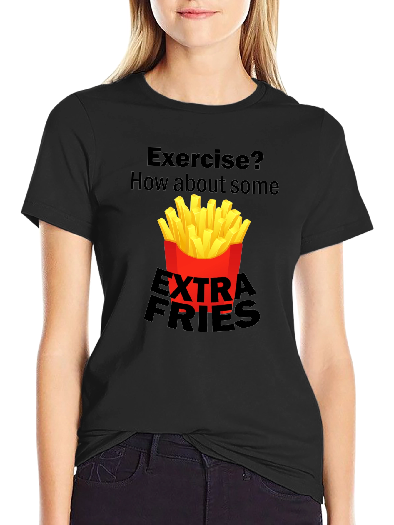 Exercise? Extra Fries Black Graphic Tee