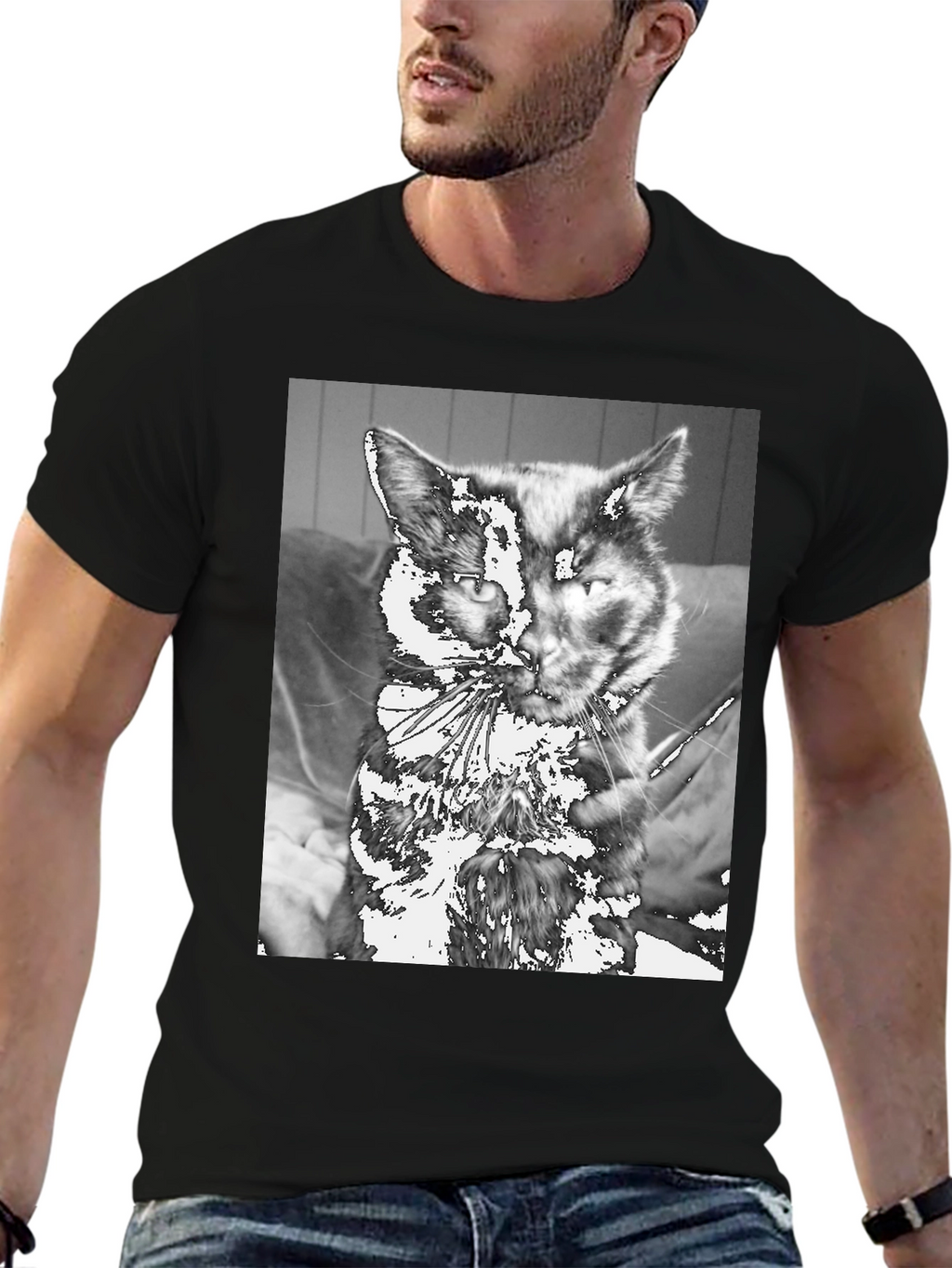 Unique Cat Graphic Tee - Black Cotton Casual T-Shirt