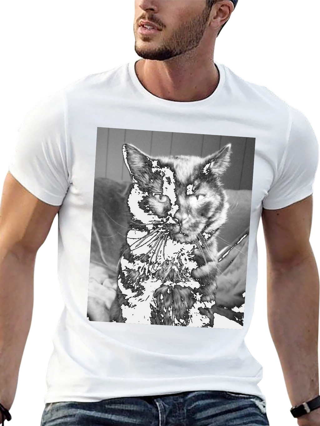 Unique Cat Graphic Tee - Black Cotton Casual T-Shirt