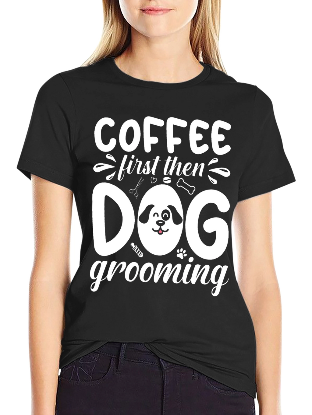 Coffee then Dog Grooming Black T-Shirt