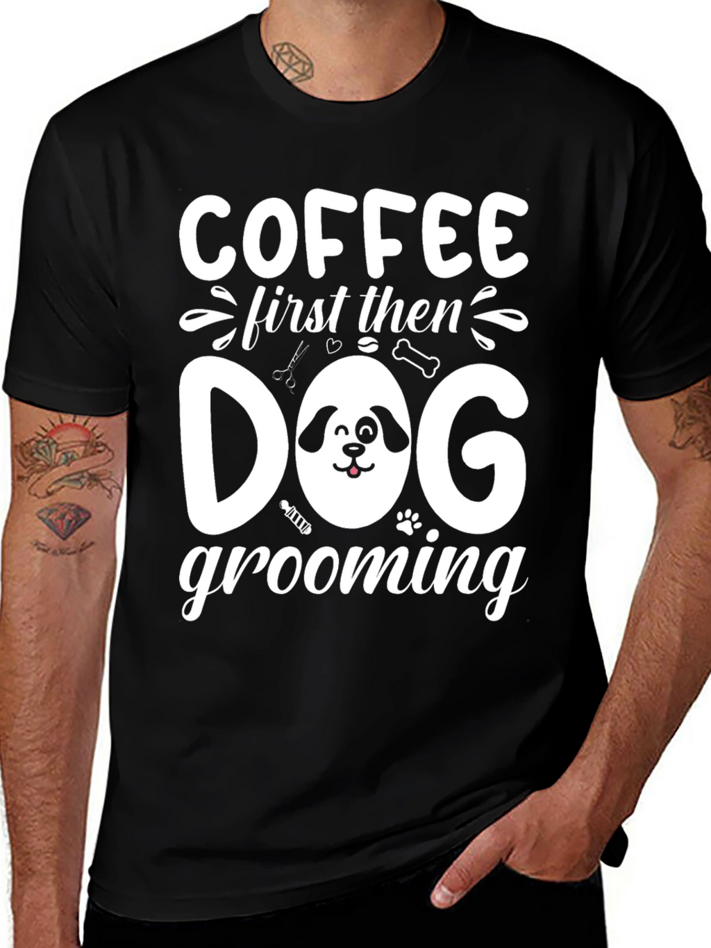 Coffee then Dog Grooming Black T-Shirt