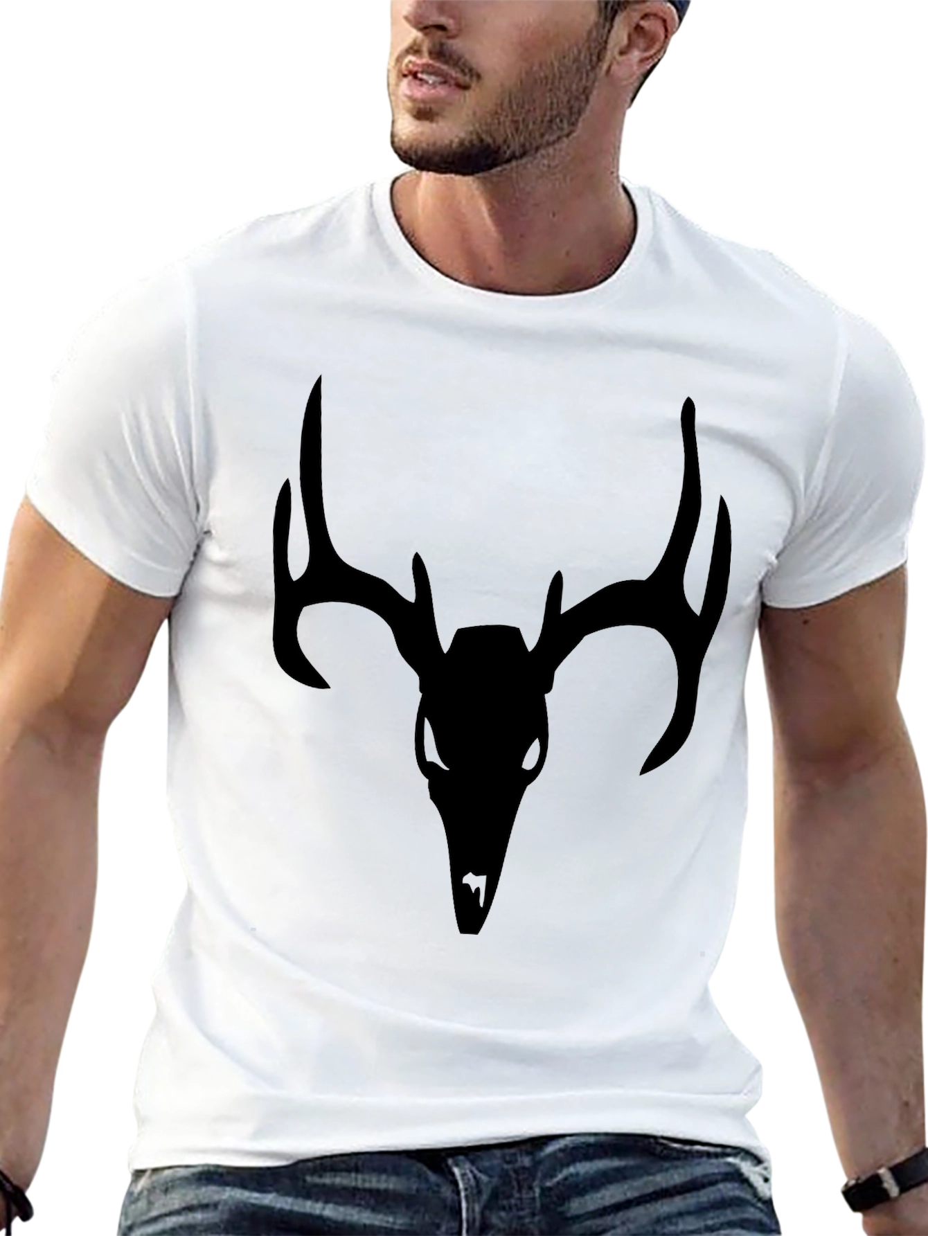 Mens Black T-Shirt with Deer Skull Graphic