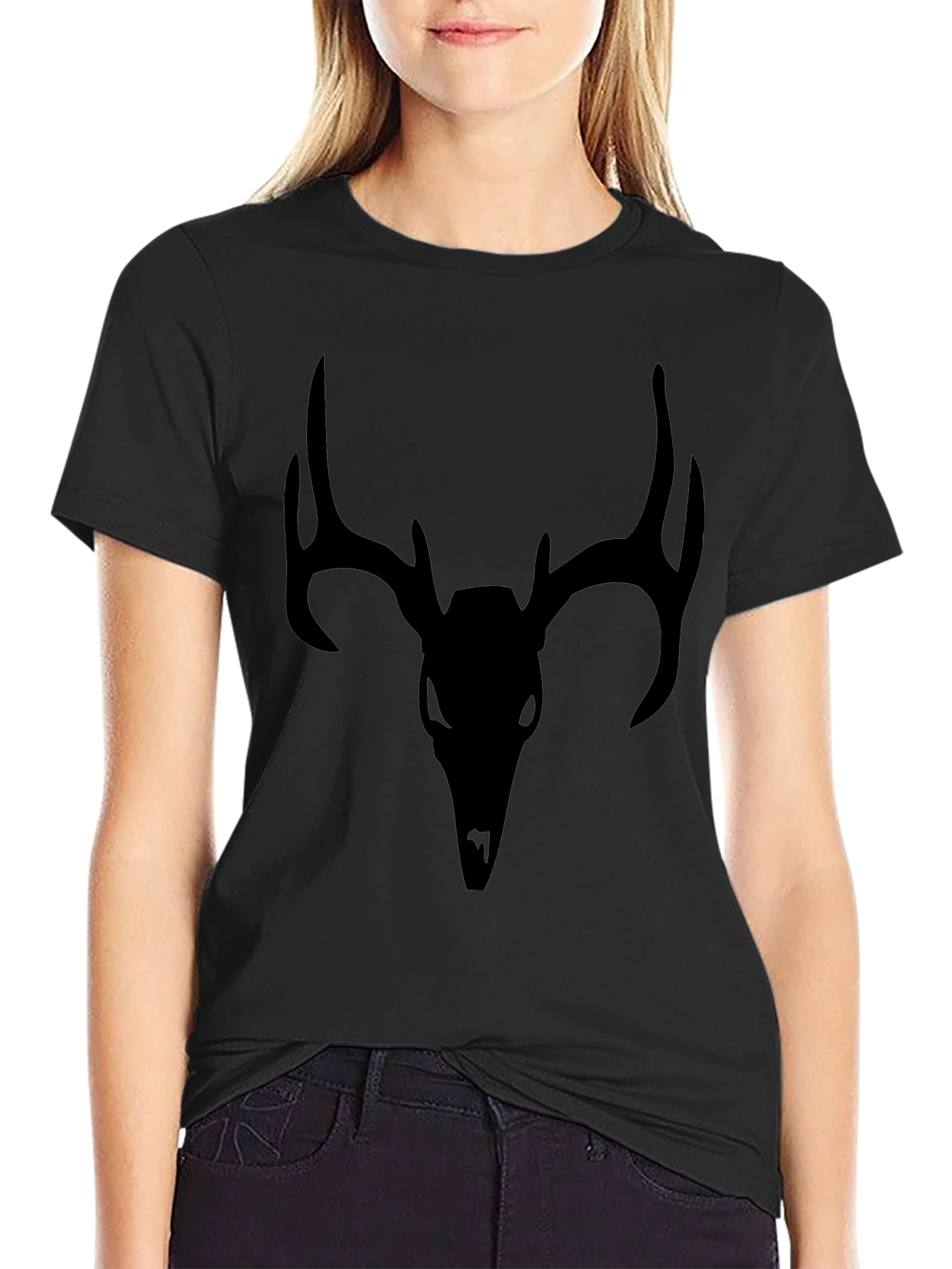Mens Black T-Shirt with Deer Skull Graphic