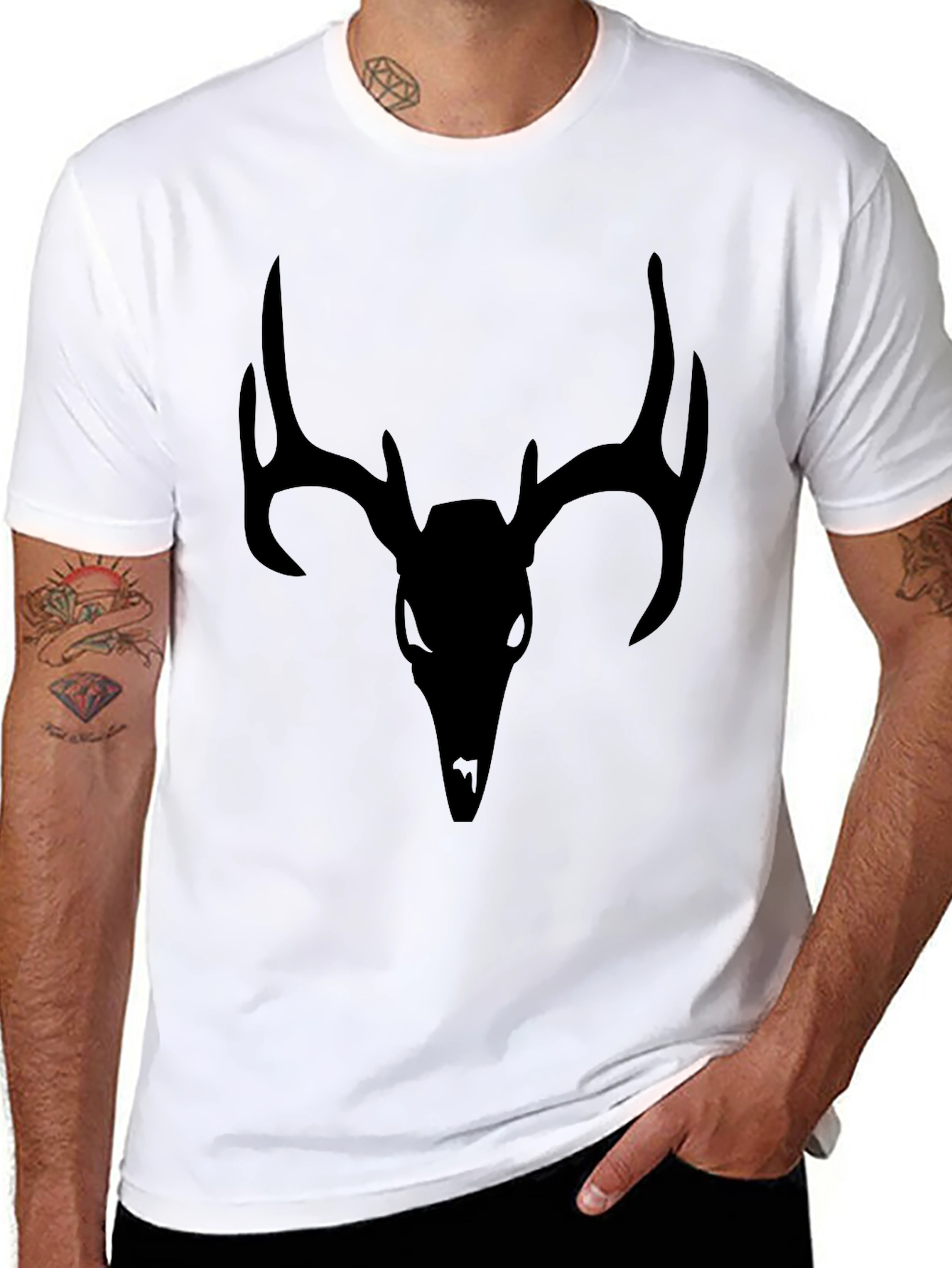 Mens Black T-Shirt with Deer Skull Graphic
