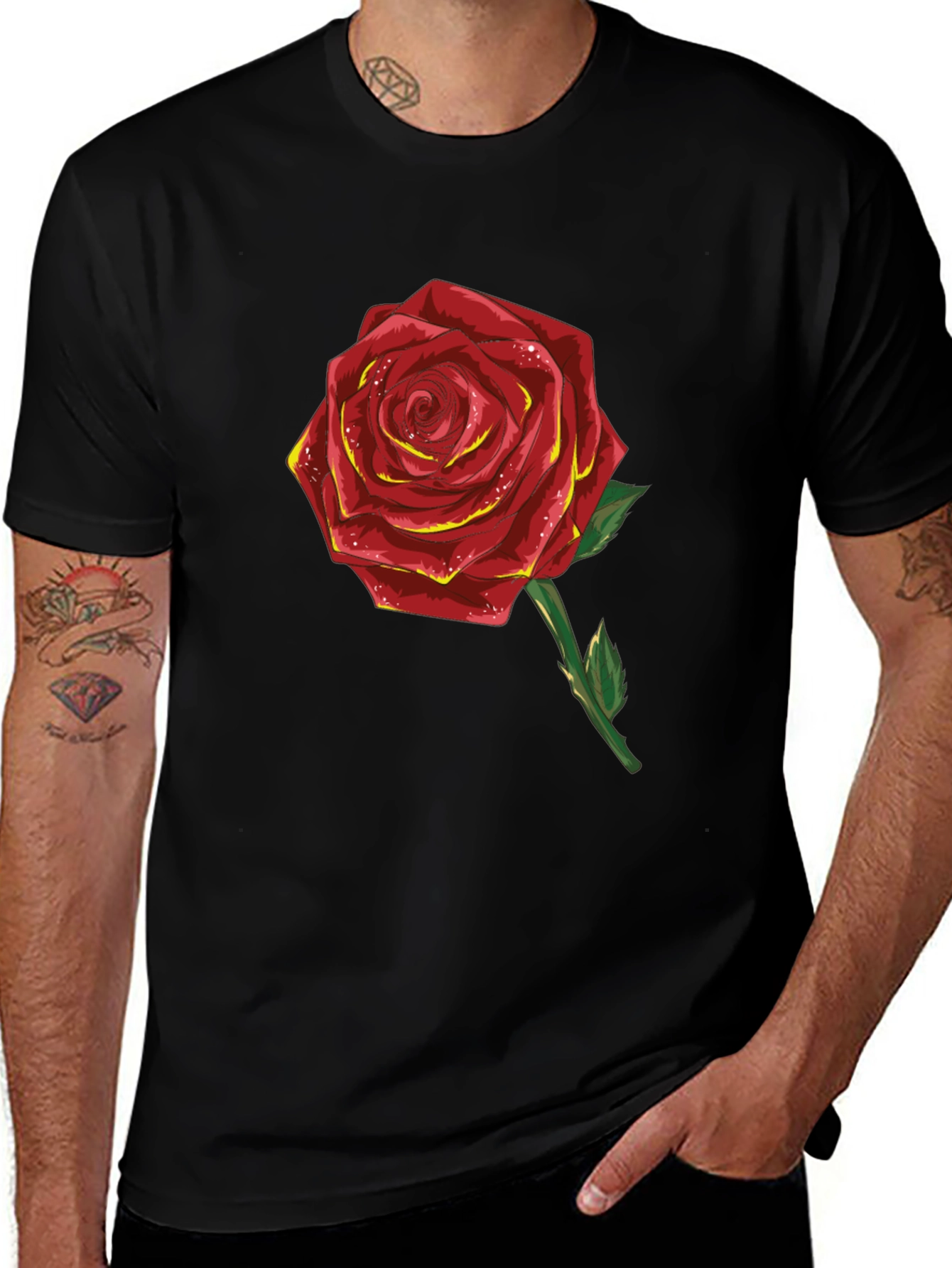 Red Rose Graphic T-Shirt - Black Cotton Blend