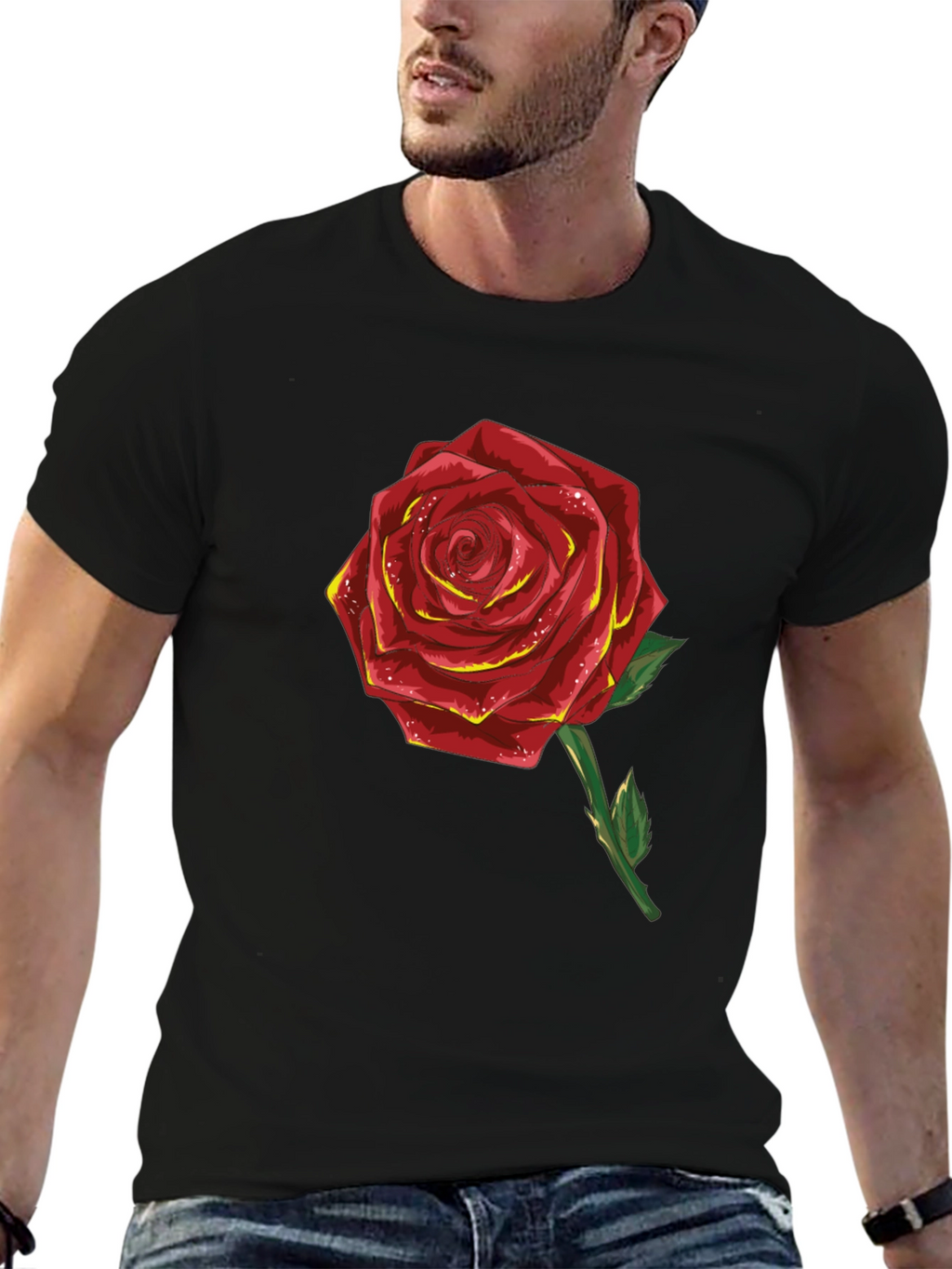 Red Rose Graphic T-Shirt - Black Cotton Blend