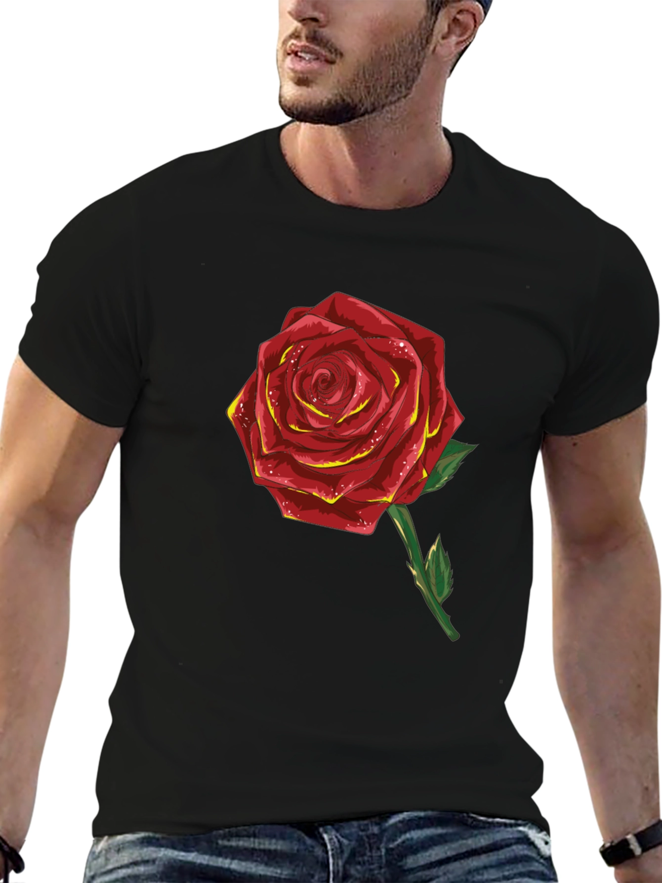 Red Rose Graphic T-Shirt - Black Cotton Blend