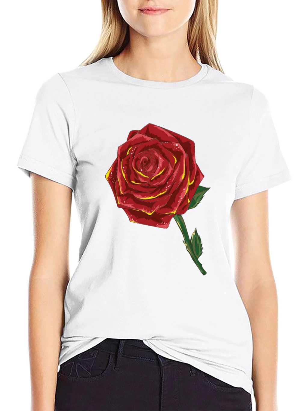 Red Rose Graphic T-Shirt - Black Cotton Blend