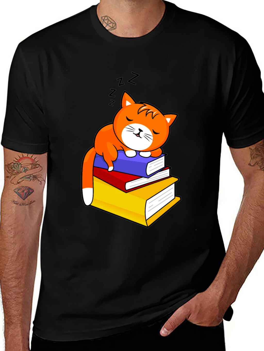 Cute Cat Sleeping on Books Graphic Tee