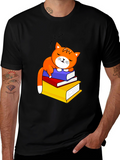 Cute Cat Sleeping on Books Graphic Tee