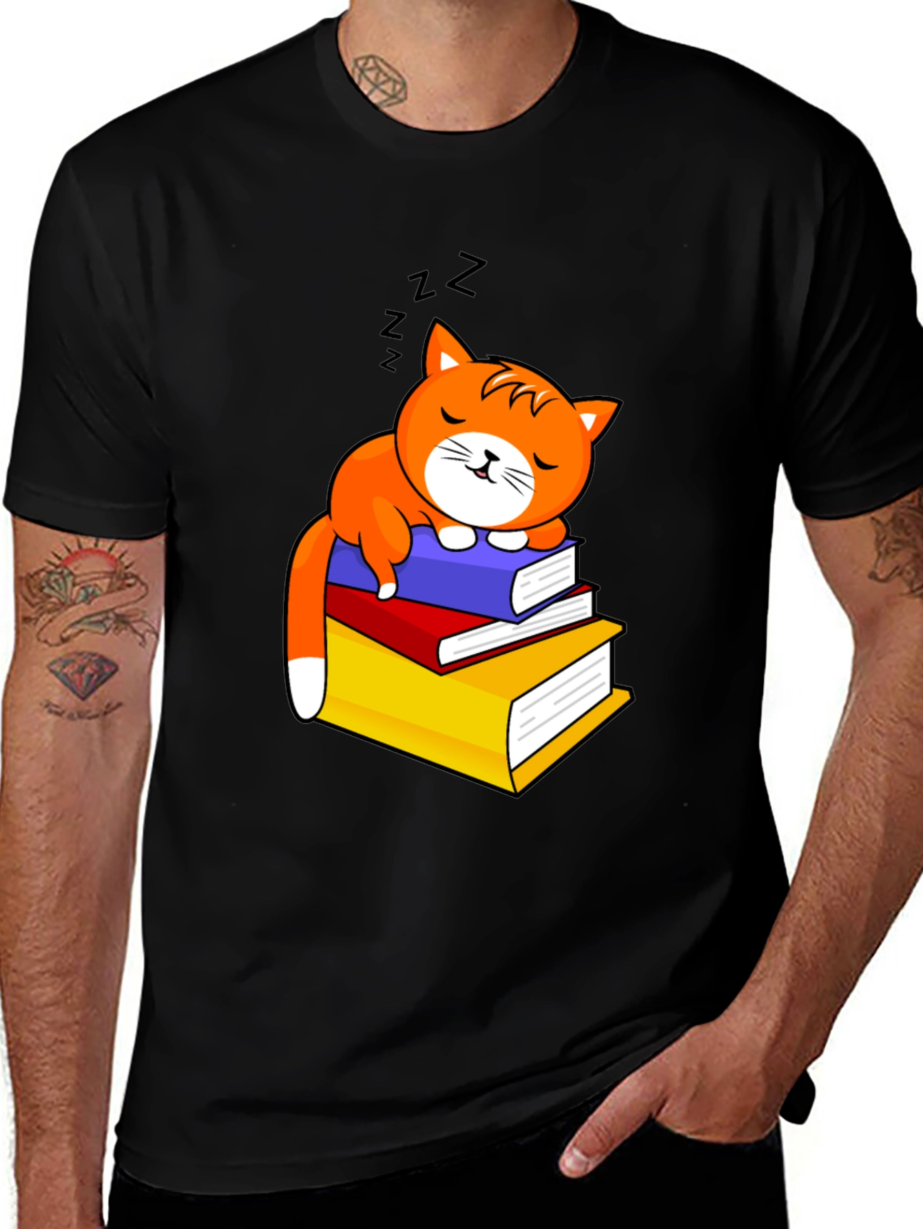 Cute Cat Sleeping on Books Graphic Tee