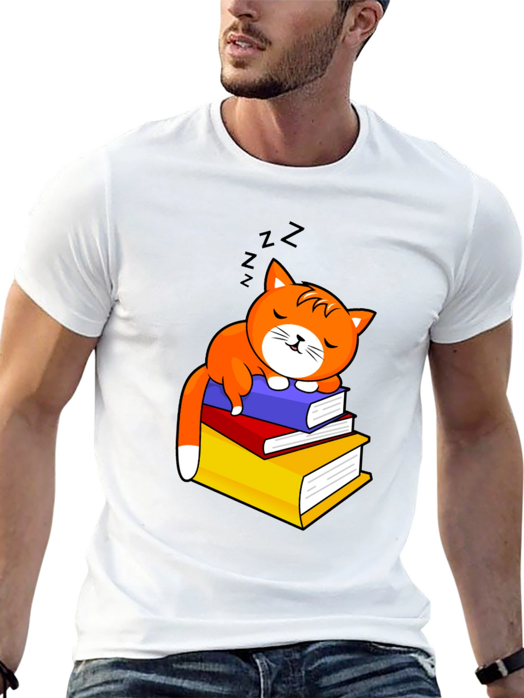 Cute Cat Sleeping on Books Graphic Tee