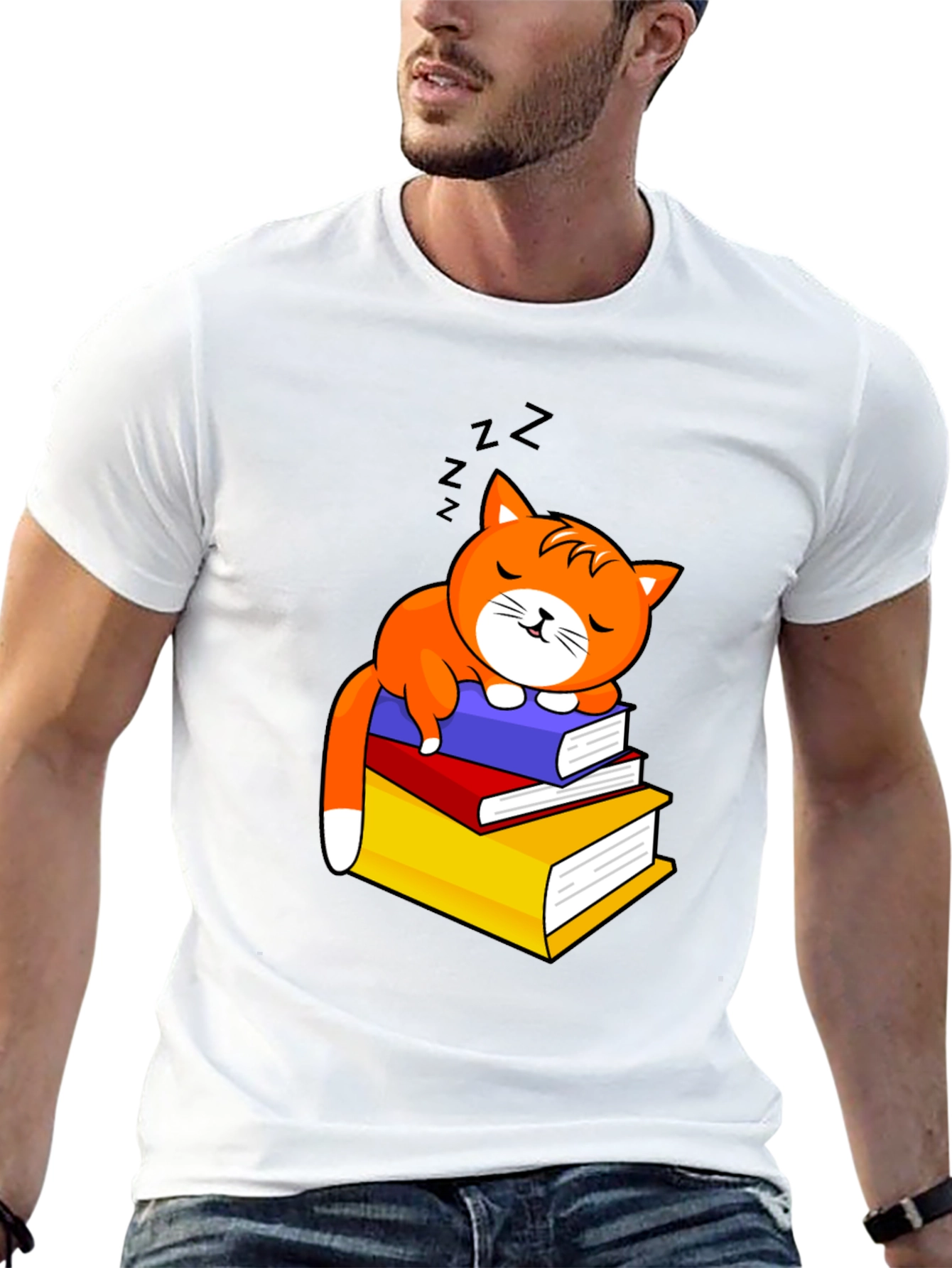 Cute Cat Sleeping on Books Graphic Tee