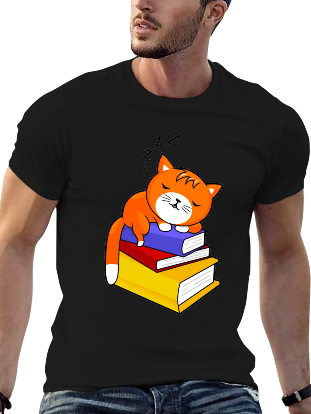 Cute Cat Sleeping on Books Graphic Tee