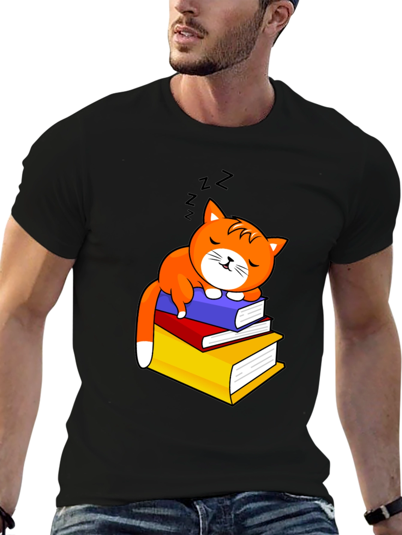 Cute Cat Sleeping on Books Graphic Tee
