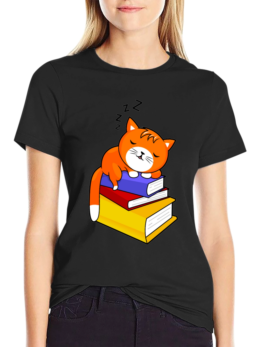 Cute Cat Sleeping on Books Graphic Tee