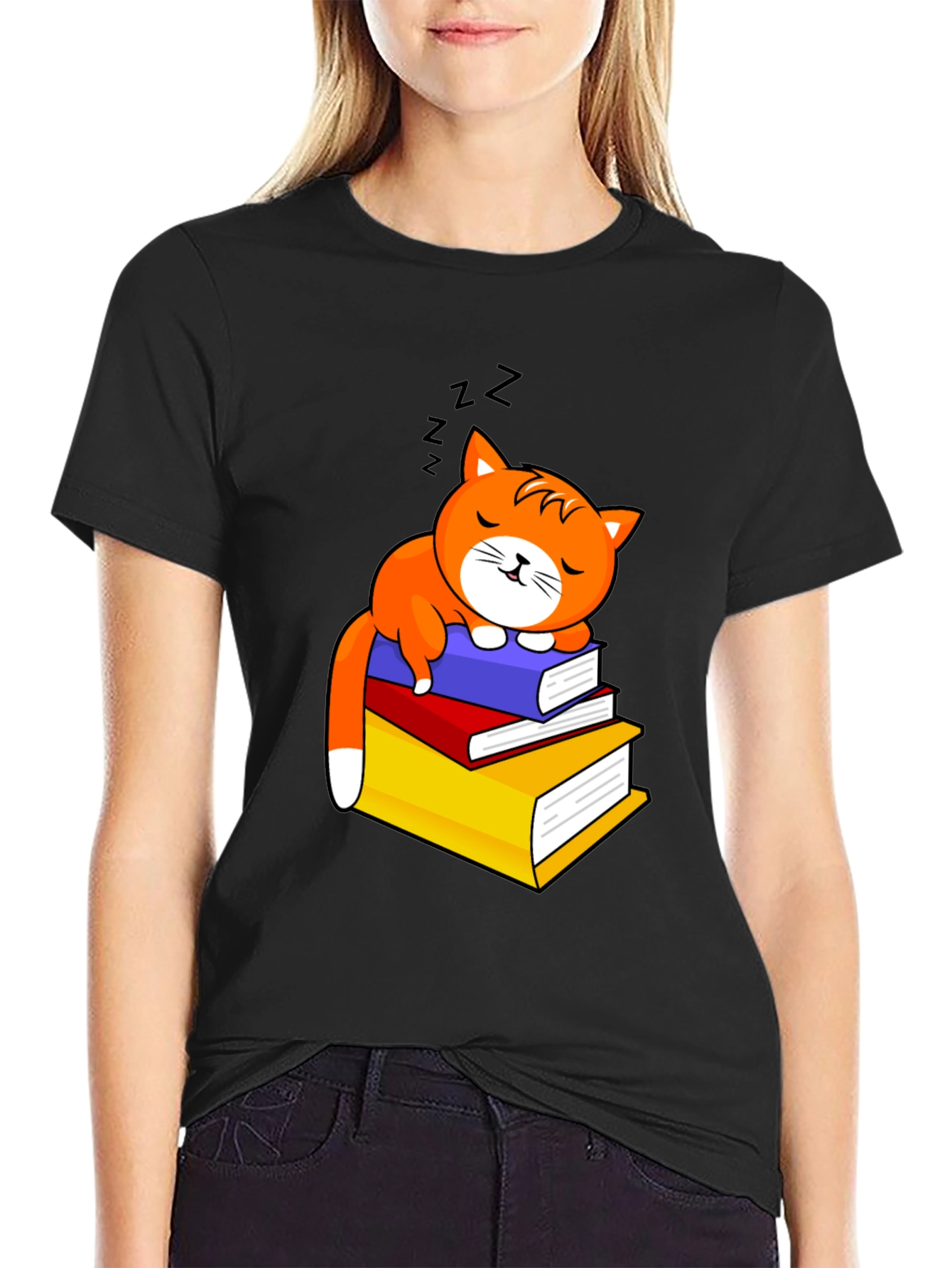 Cute Cat Sleeping on Books Graphic Tee