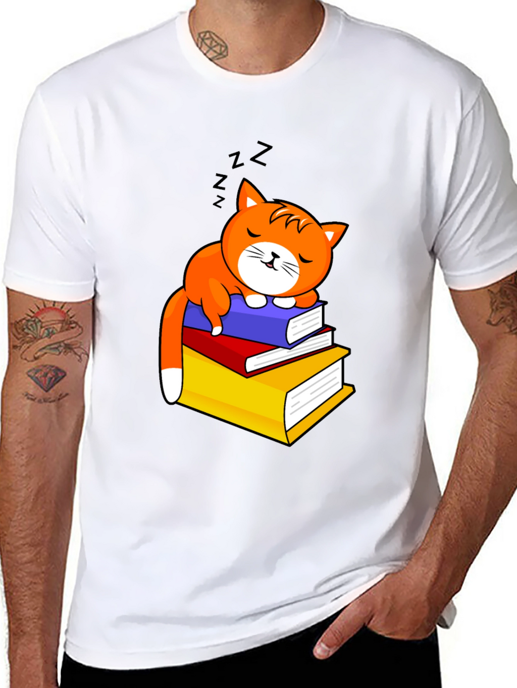 Cute Cat Sleeping on Books Graphic Tee